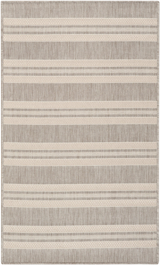 Beige and grey striped woven area rug with alternating light bands and subtle textured weave.