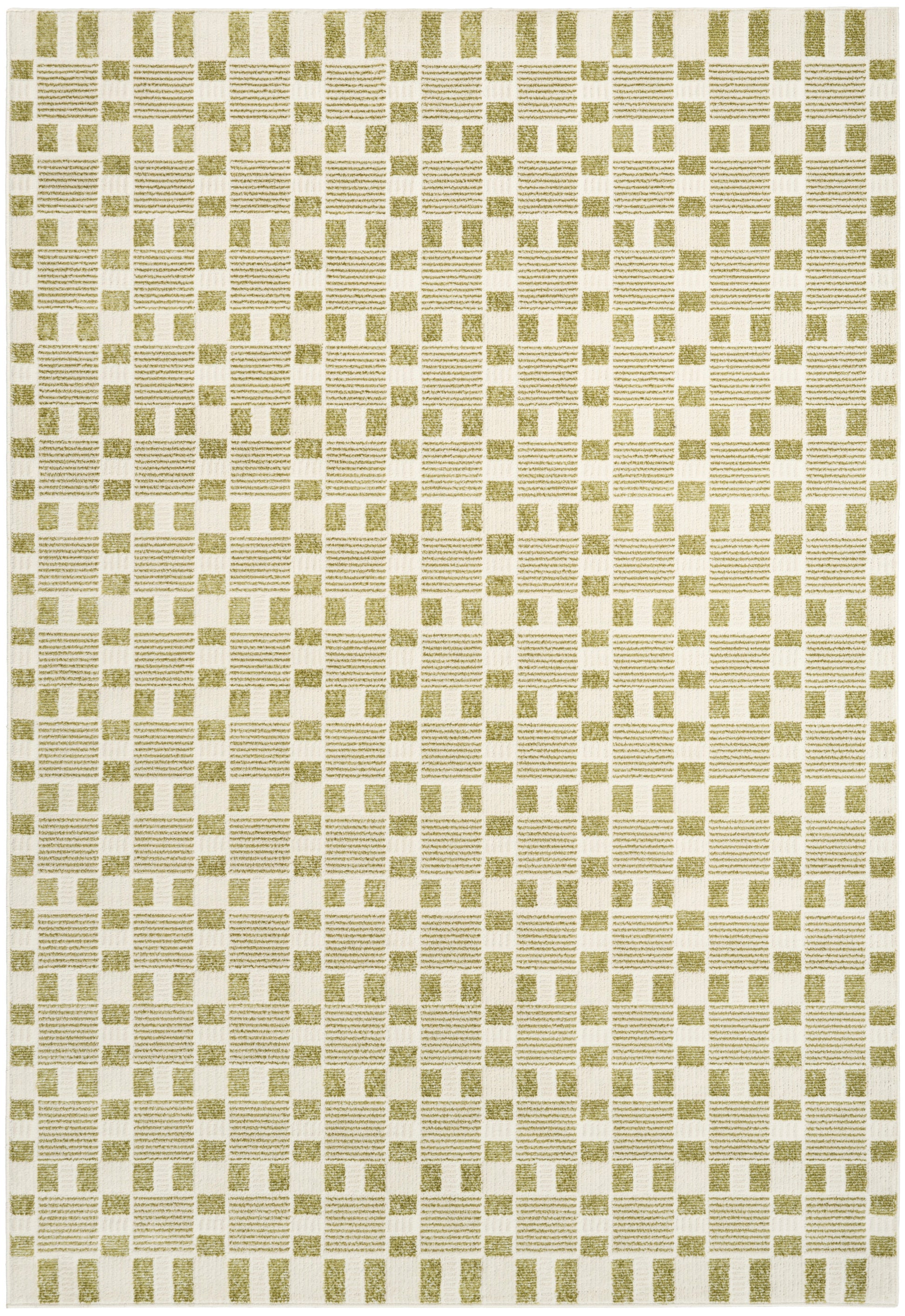Rectangular area rug with cream base and olive-green geometric grid of striped and solid squares.