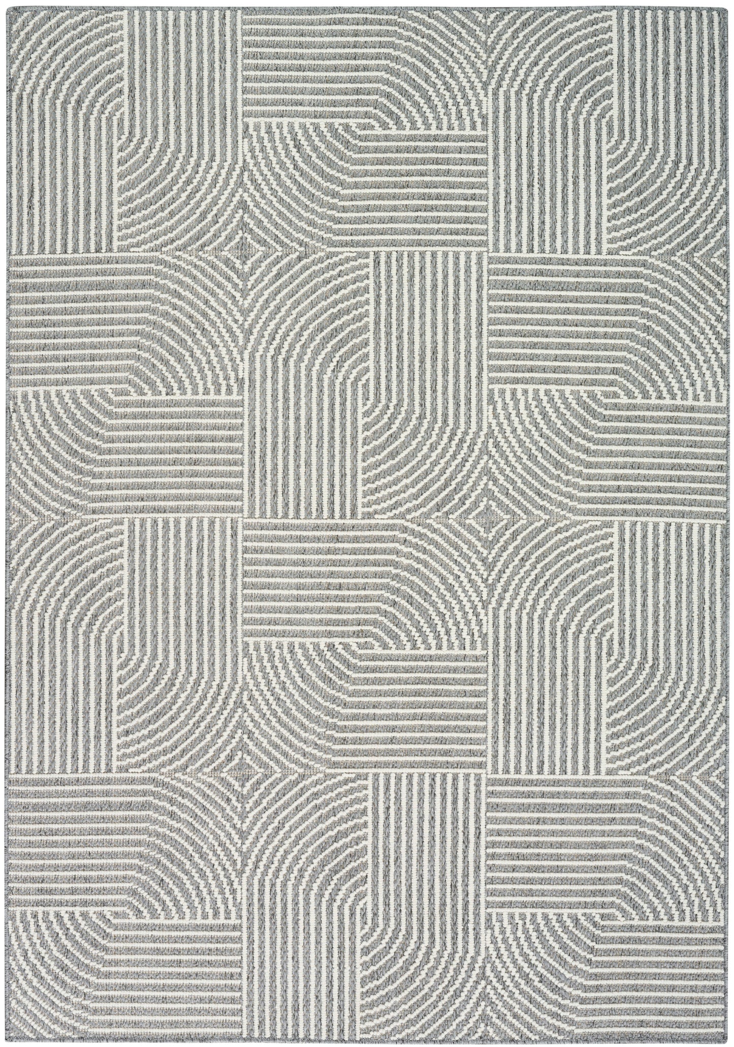 Gray & ivory geometric area rug with patchwork blocks of striped curves; modern abstract style for living room decor.
