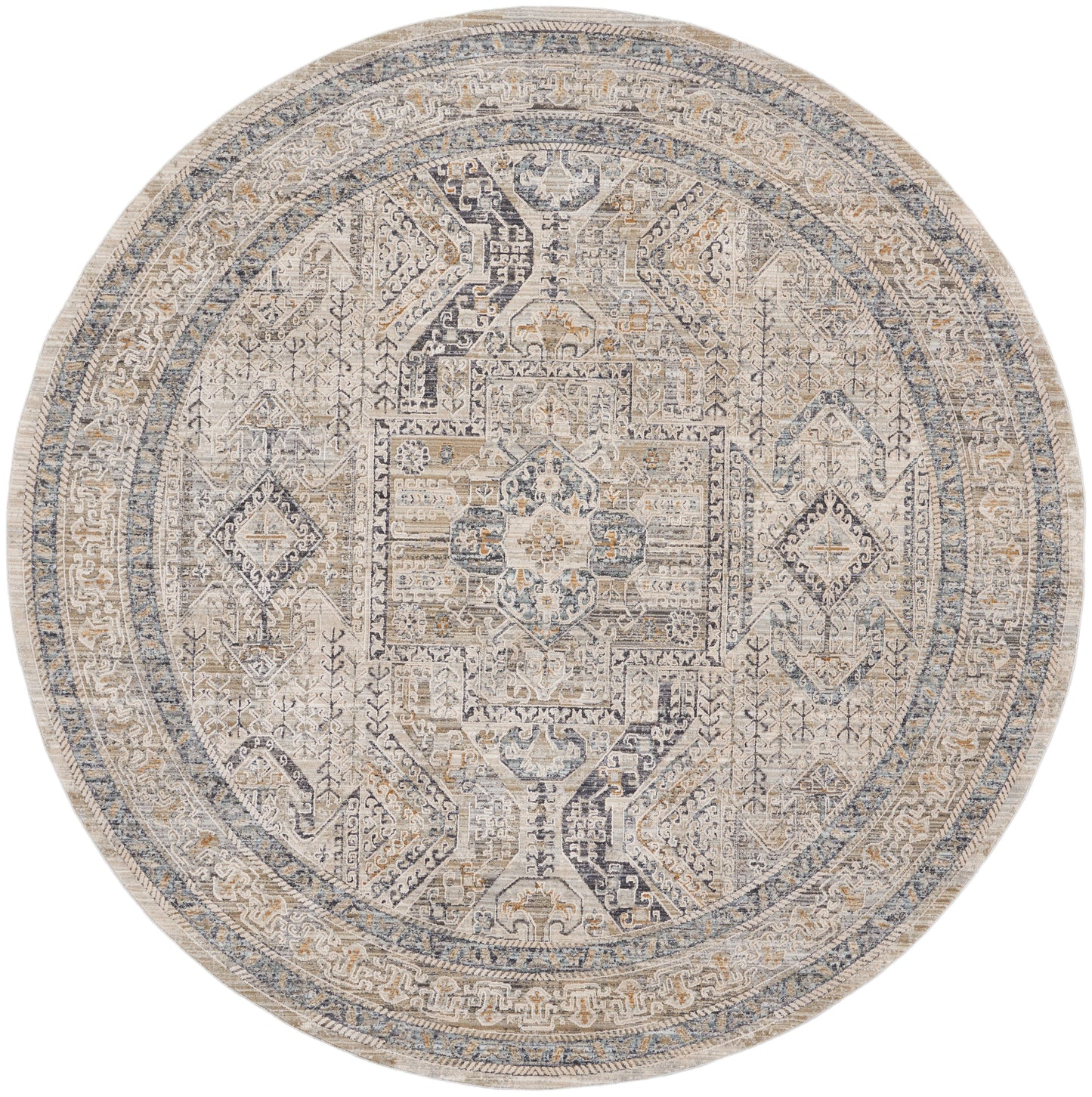 Round vintage-style oriental rug in ivory, taupe, and soft blue-gray with a distressed geometric medallion pattern.