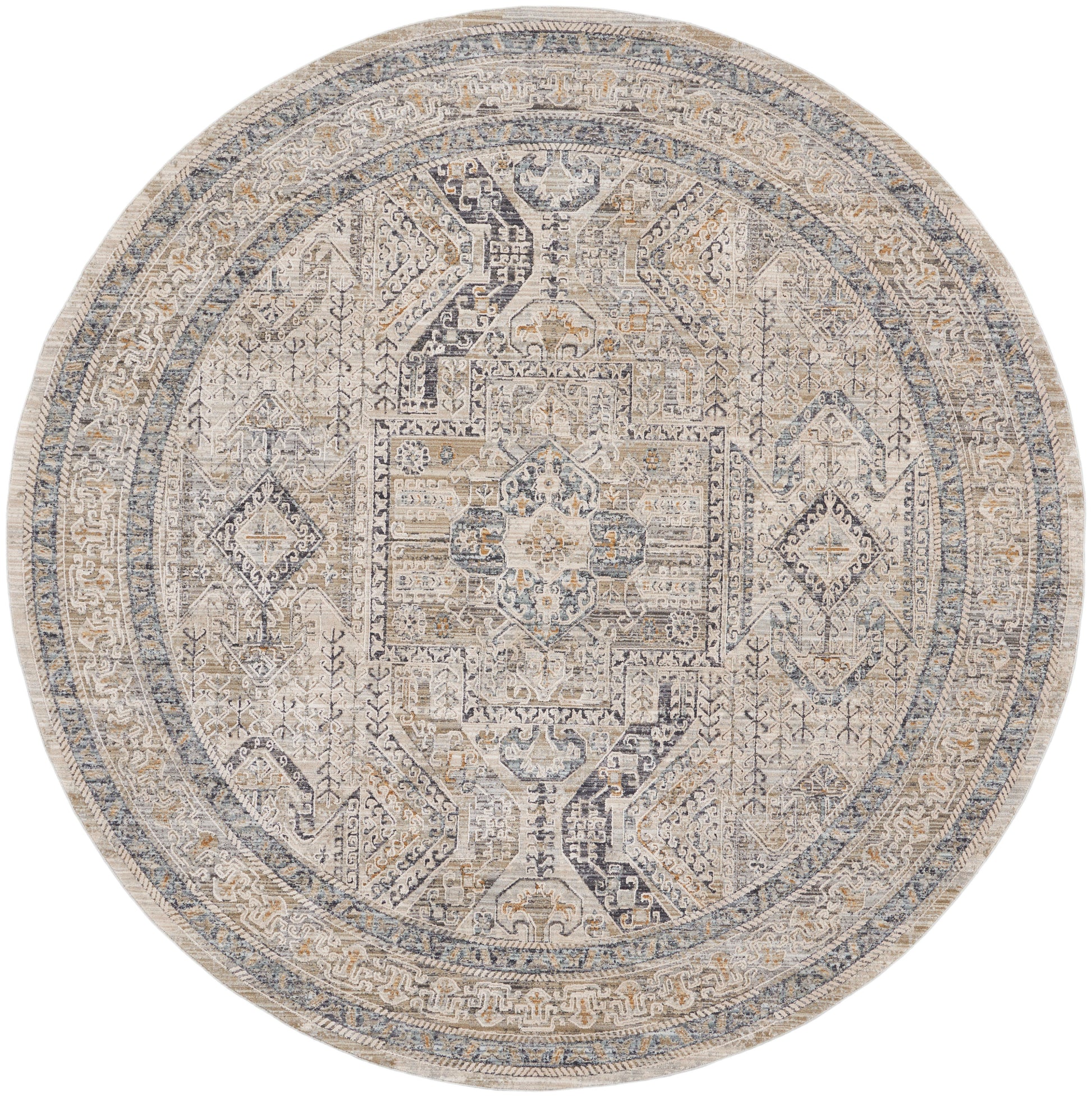 Round vintage-style oriental rug in ivory, taupe, and soft blue-gray with a distressed geometric medallion pattern.