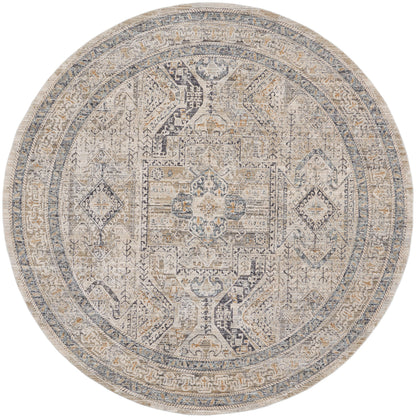 Round vintage-style oriental rug in ivory, taupe, and soft blue-gray with a distressed geometric medallion pattern.