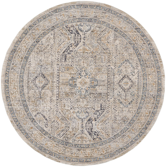 Round vintage-style oriental rug in ivory, taupe, and soft blue-gray with a distressed geometric medallion pattern.