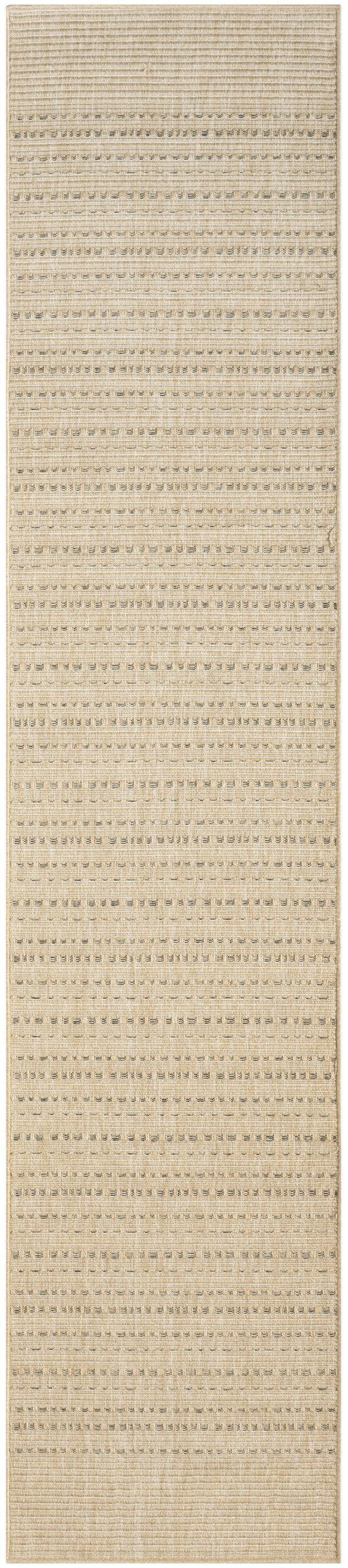 Beige woven rug runner with subtle horizontal stripes and raised textured bands.