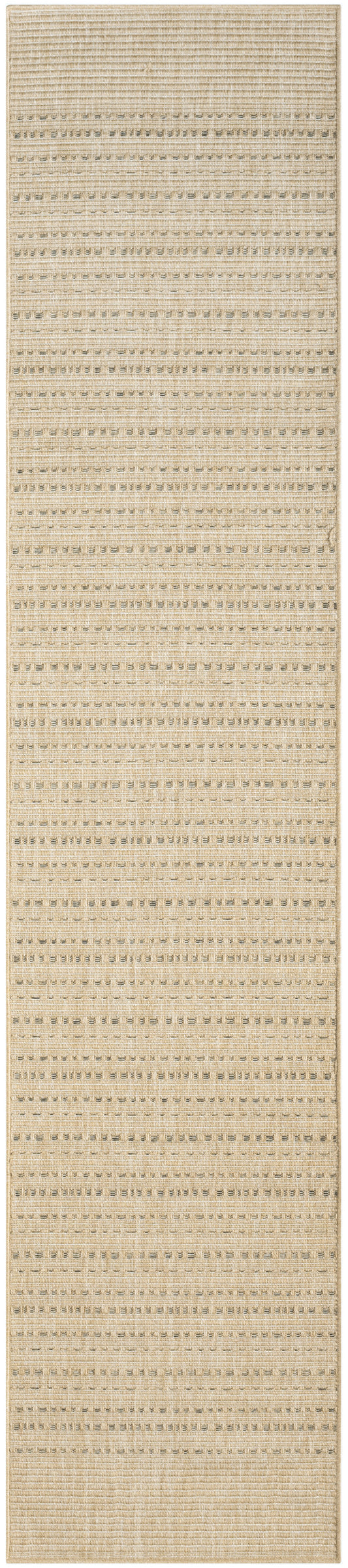 Beige woven rug runner with subtle horizontal stripes and raised textured bands.