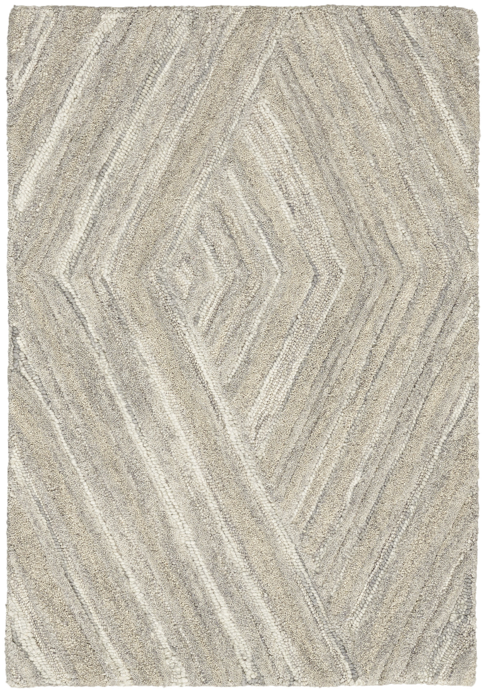 Beige and gray shag rug with diamond chevron pattern and plush texture, rectangular living-room accent.