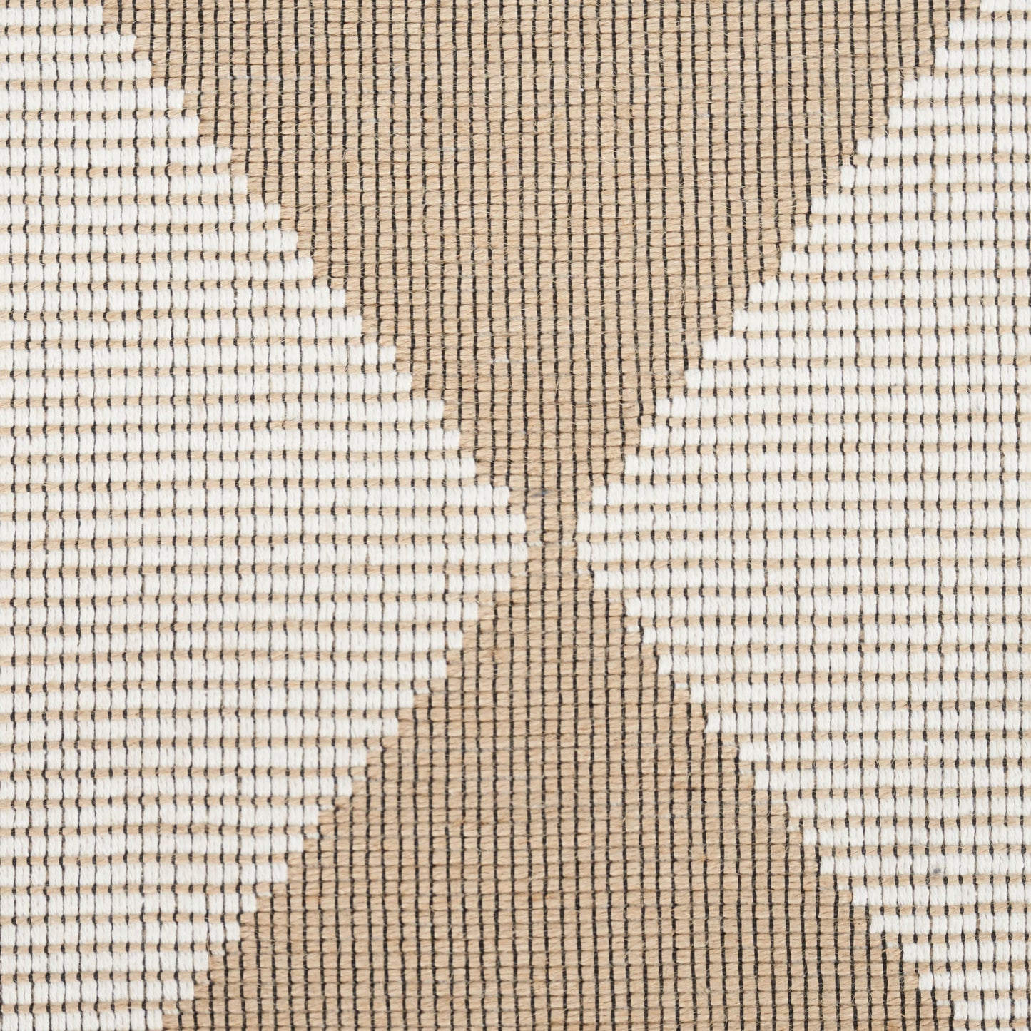 Beige and white woven rug with bold X-shaped geometric pattern and textured grid weave.
