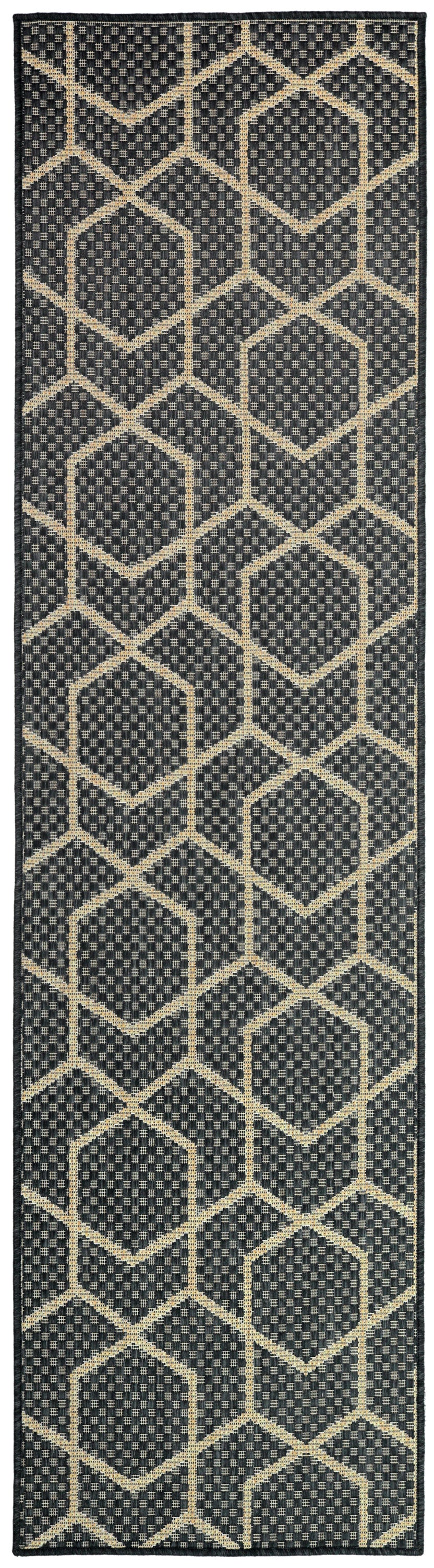 Navy runner rug with beige geometric hexagon lattice pattern, woven texture, cream border.