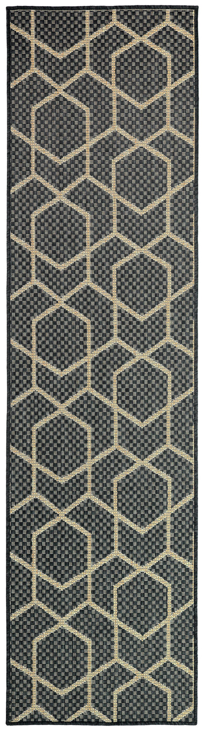 Navy runner rug with beige geometric hexagon lattice pattern, woven texture, cream border.
