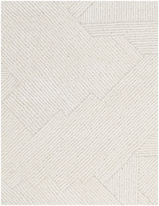 Cream textured rug featuring geometric patchwork with diagonal ribbed rectangles.