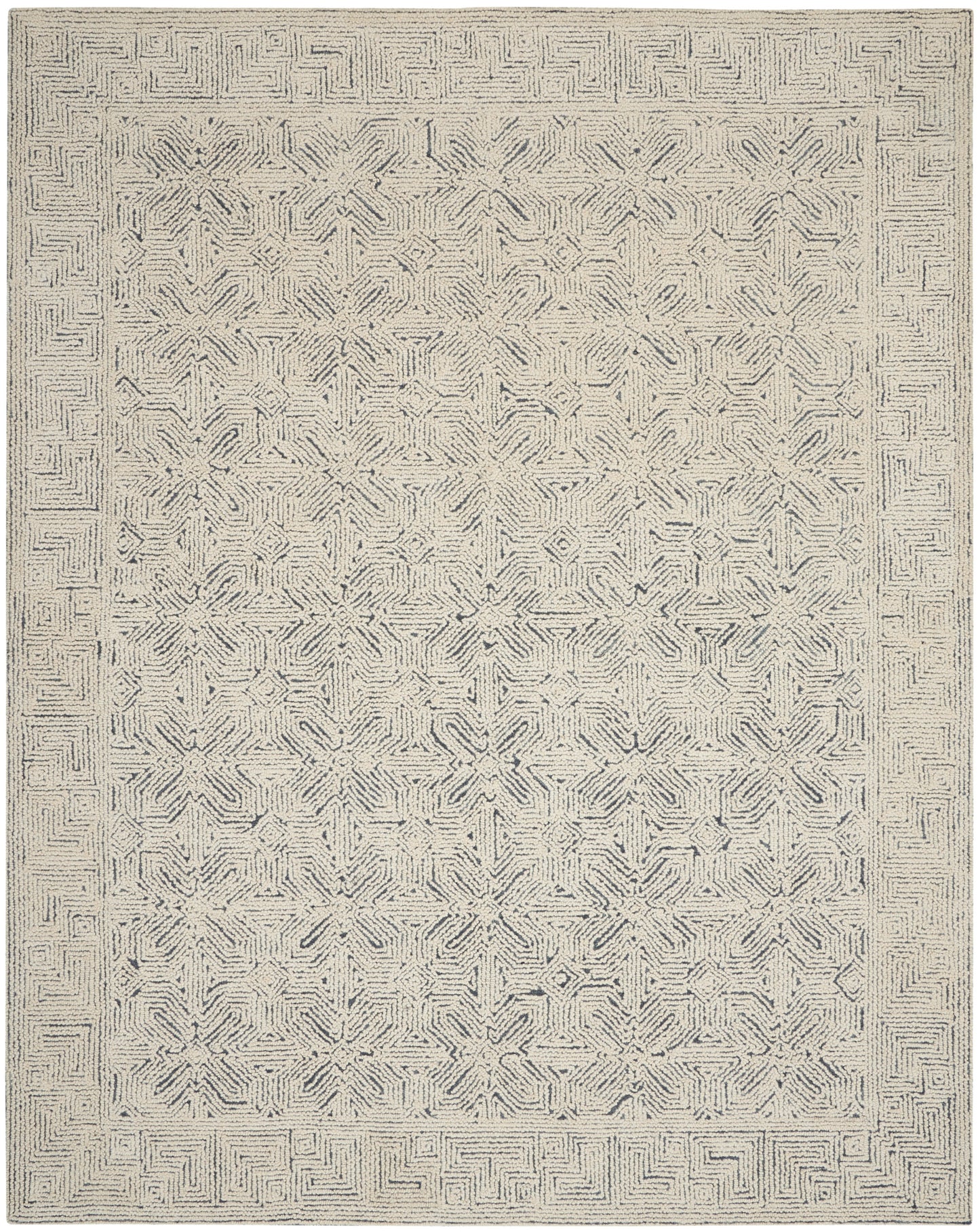 Neutral beige area rug with navy-gray geometric star medallions and maze border; woven texture, rectangular.