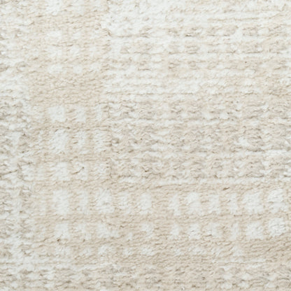 Cream beige textured area rug with plush pile and subtle geometric pattern; cozy living room accent.