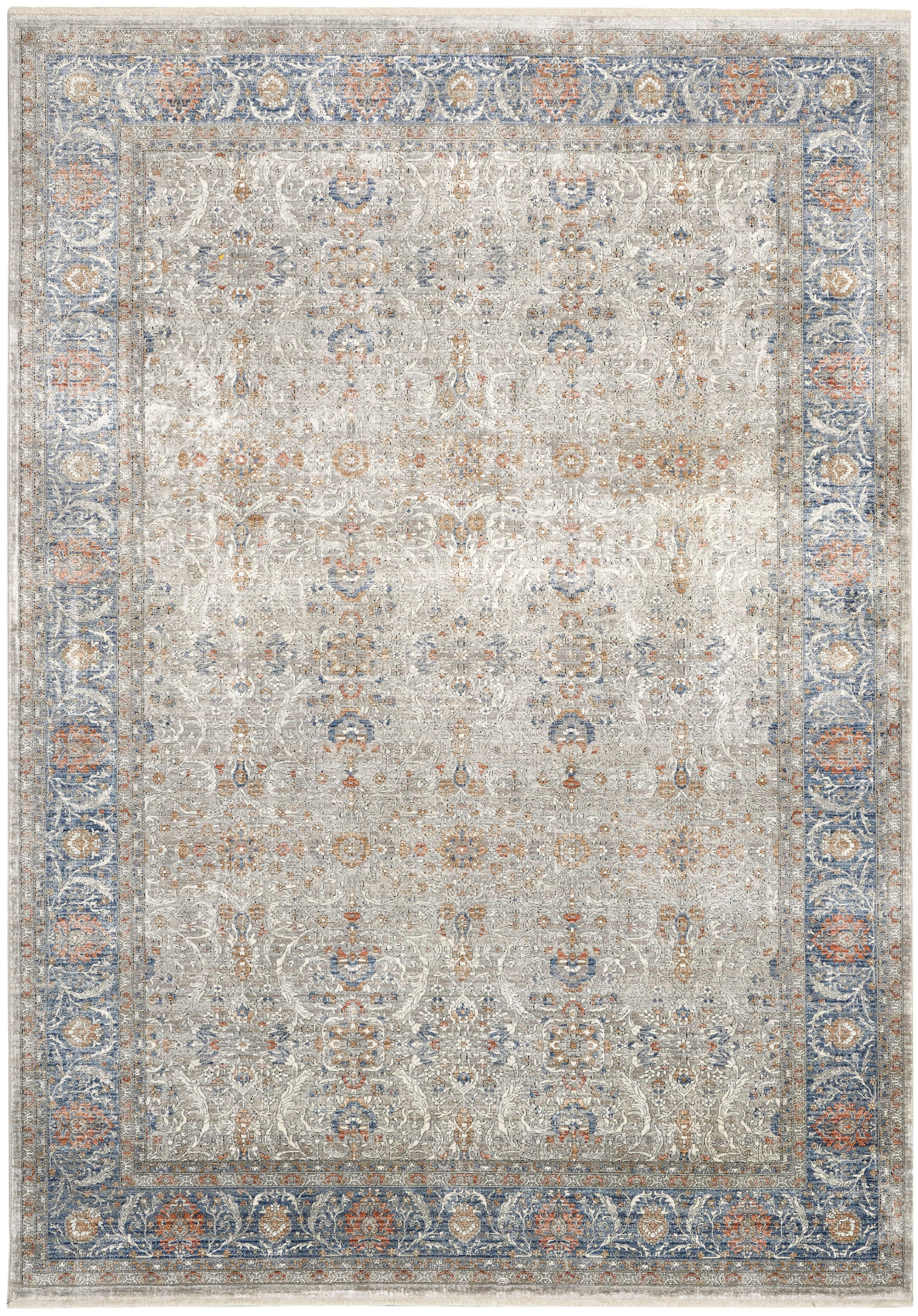 Rectangular distressed Persian-style area rug, ivory-gray field with blue floral border and rust accents.