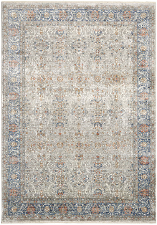 Rectangular distressed Persian-style area rug, ivory-gray field with blue floral border and rust accents.