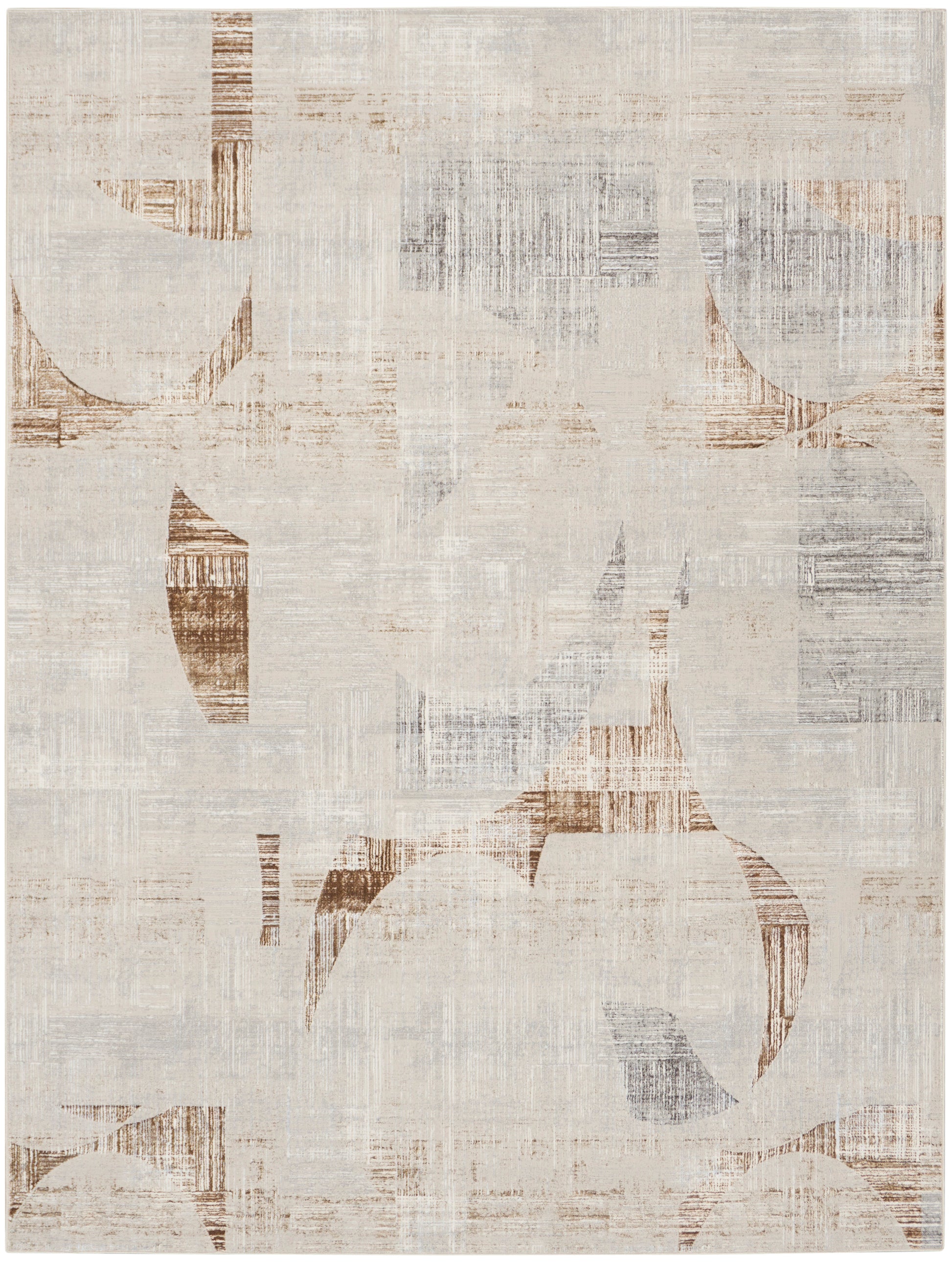 Soft beige abstract area rug with muted taupe/gray curves and patches, modern distressed design, 9' x 12'.