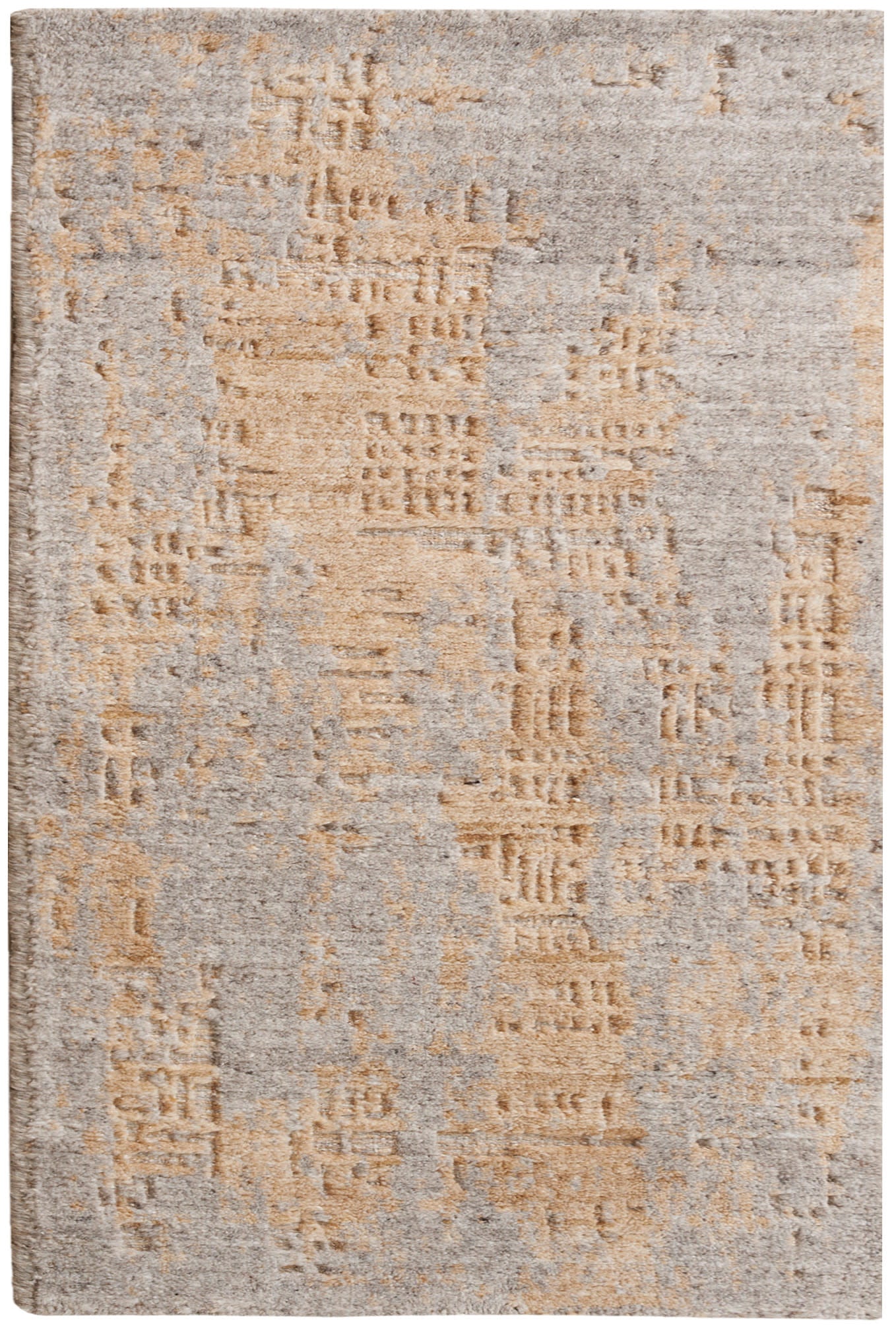 Abstract beige and gray area rug with distressed geometric texture and soft plush pile.