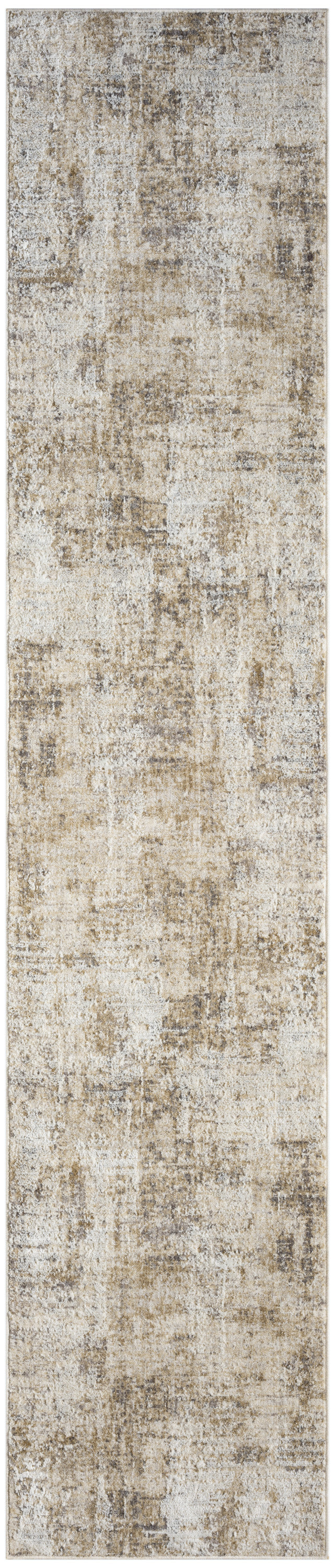 Long distressed beige and taupe runner rug with cream accents, vintage abstract pattern for hallway.