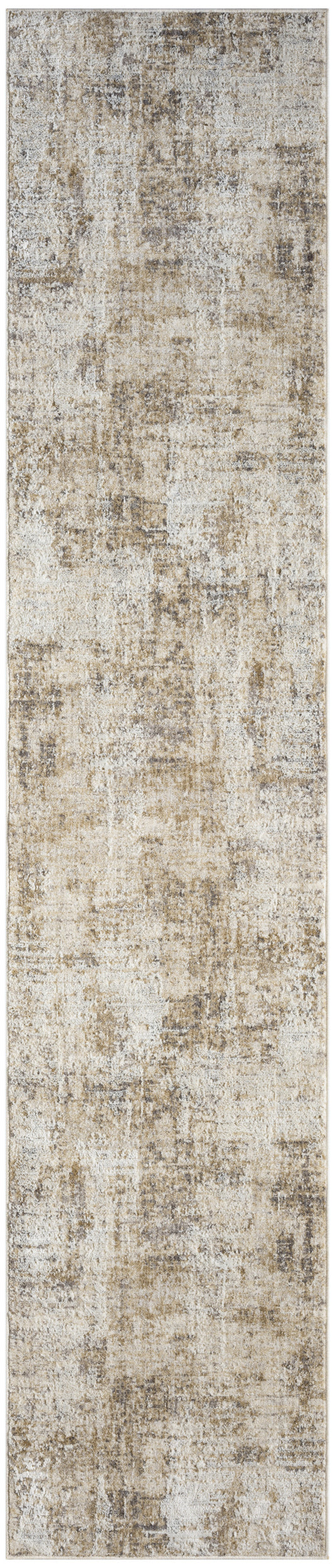 Long distressed beige and taupe runner rug with cream accents, vintage abstract pattern for hallway.