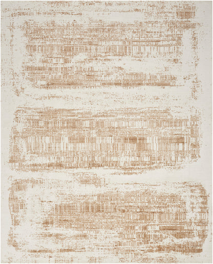 Rectangular cream rug with irregular tan distressed horizontal bands; modern abstract woven look.