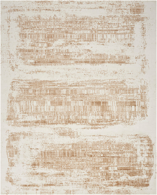 Rectangular cream rug with irregular tan distressed horizontal bands; modern abstract woven look.