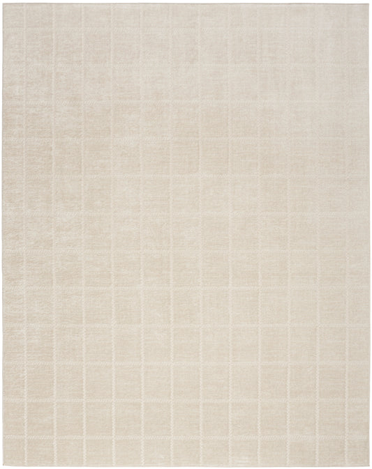Beige rectangular rug with a soft grid pattern in light neutral tones and plush texture.