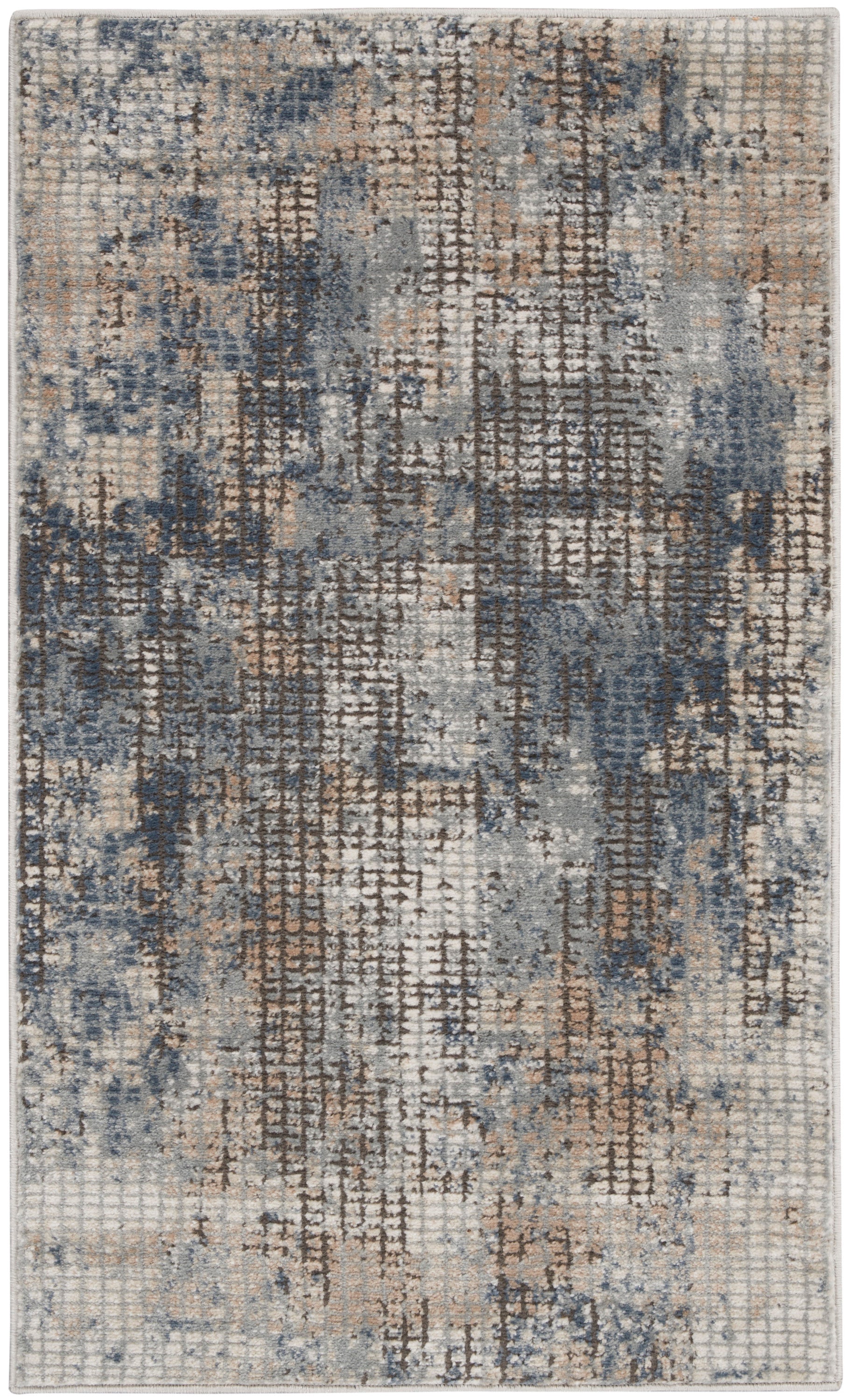 Abstract blue-gray beige woven rug with distressed grid pattern, modern rectangular decor.