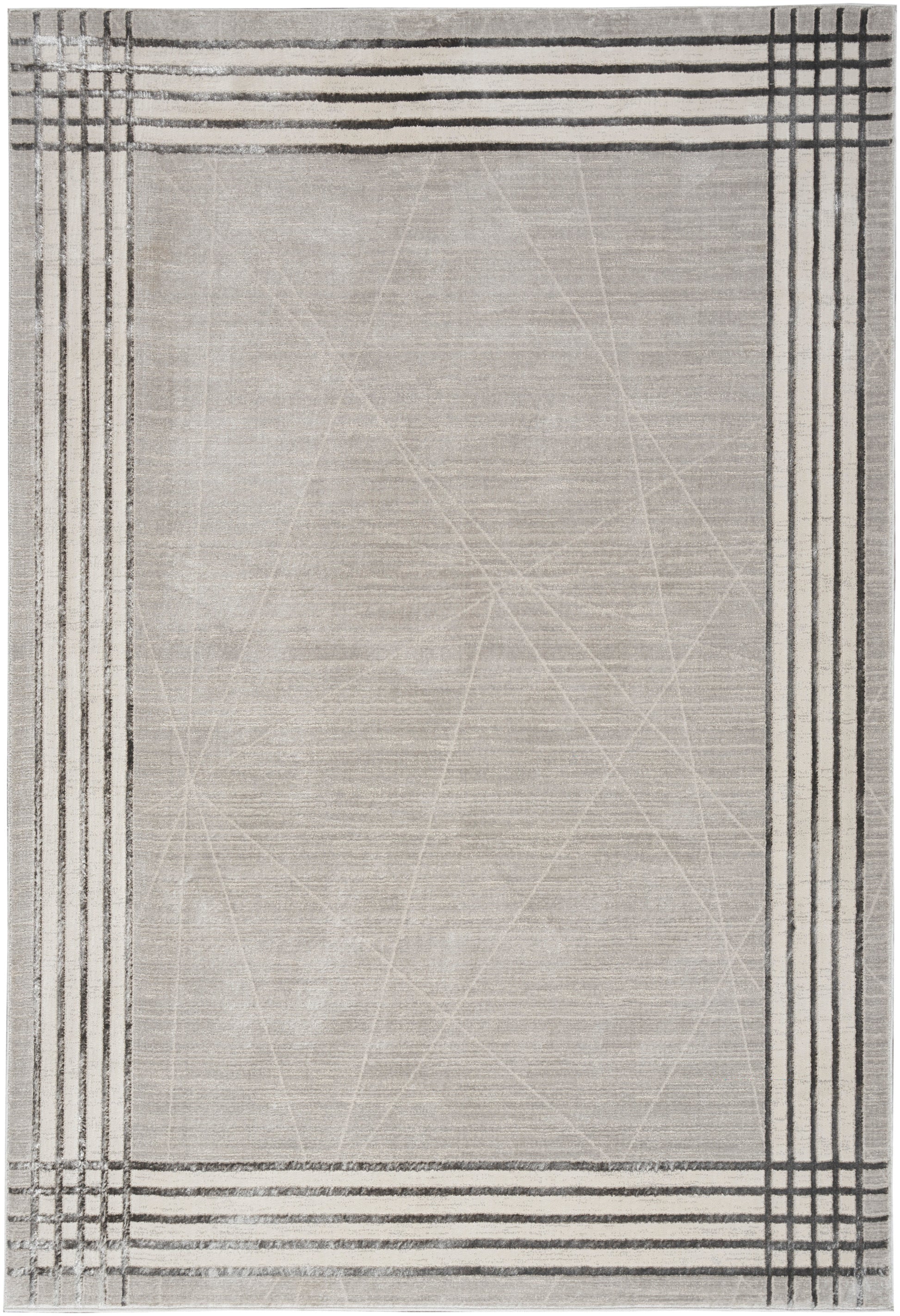 Rectangular light beige rug with dark border stripes forming a plaid frame and subtle geometric lines across the center.