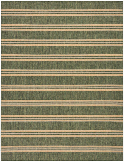 Green textured area rug with cream beige horizontal stripe bands in a repeating pattern.
