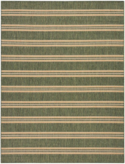 Green textured area rug with cream beige horizontal stripe bands in a repeating pattern.