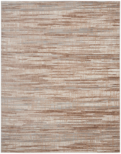 Rectangular area rug with abstract horizontal brushstrokes in beige, taupe and light brown; soft textured weave.