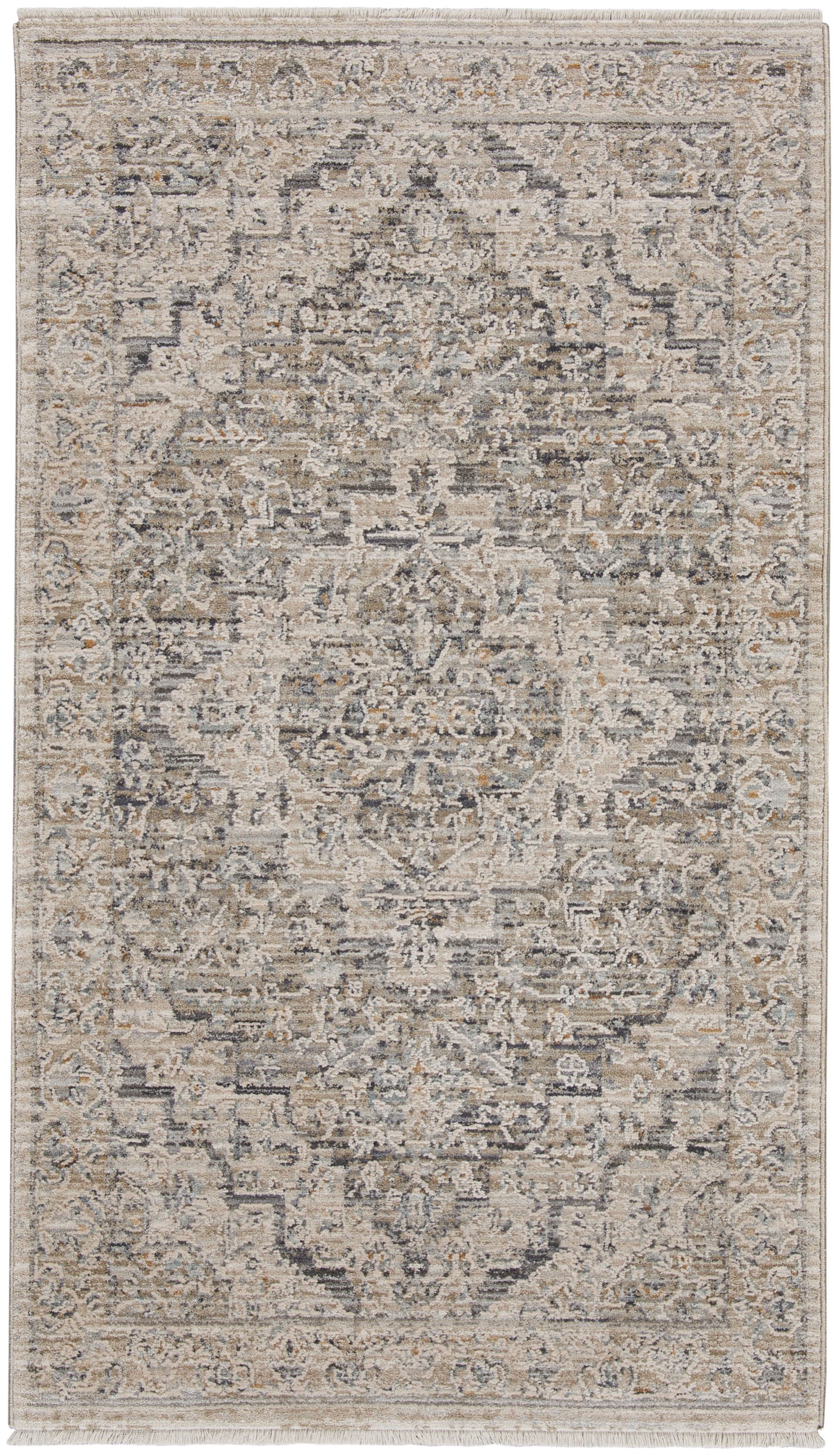 Neutral distressed Persian-style area rug with beige, taupe and gray tones, ornate medallion pattern and fringe.