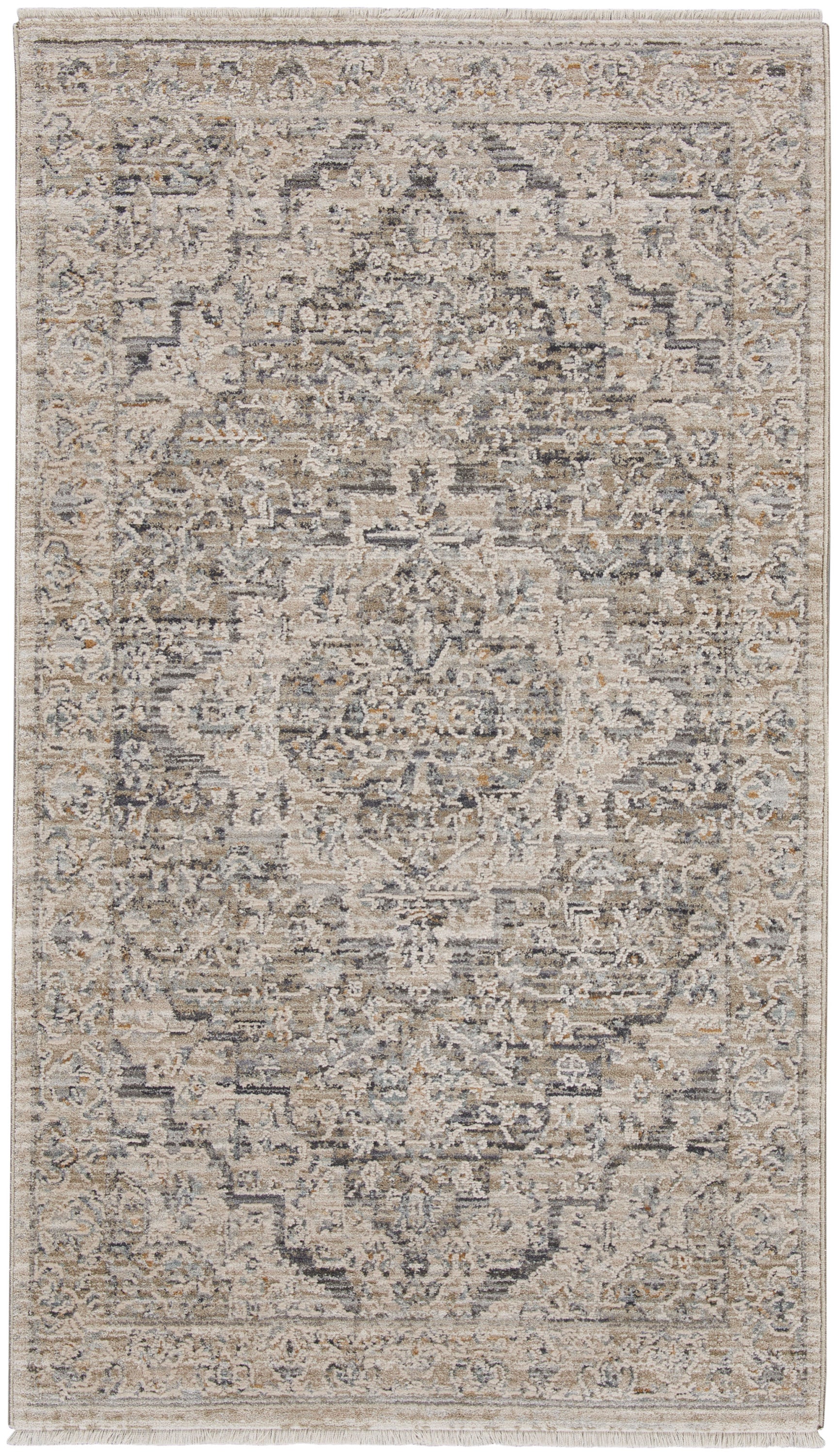 Neutral distressed Persian-style area rug with beige, taupe and gray tones, ornate medallion pattern and fringe.