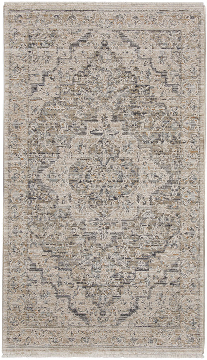 Neutral distressed Persian-style area rug with beige, taupe and gray tones, ornate medallion pattern and fringe.
