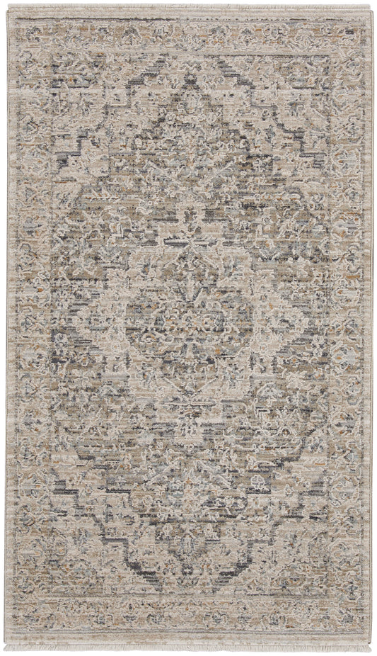 Neutral distressed Persian-style area rug with beige, taupe and gray tones, ornate medallion pattern and fringe.