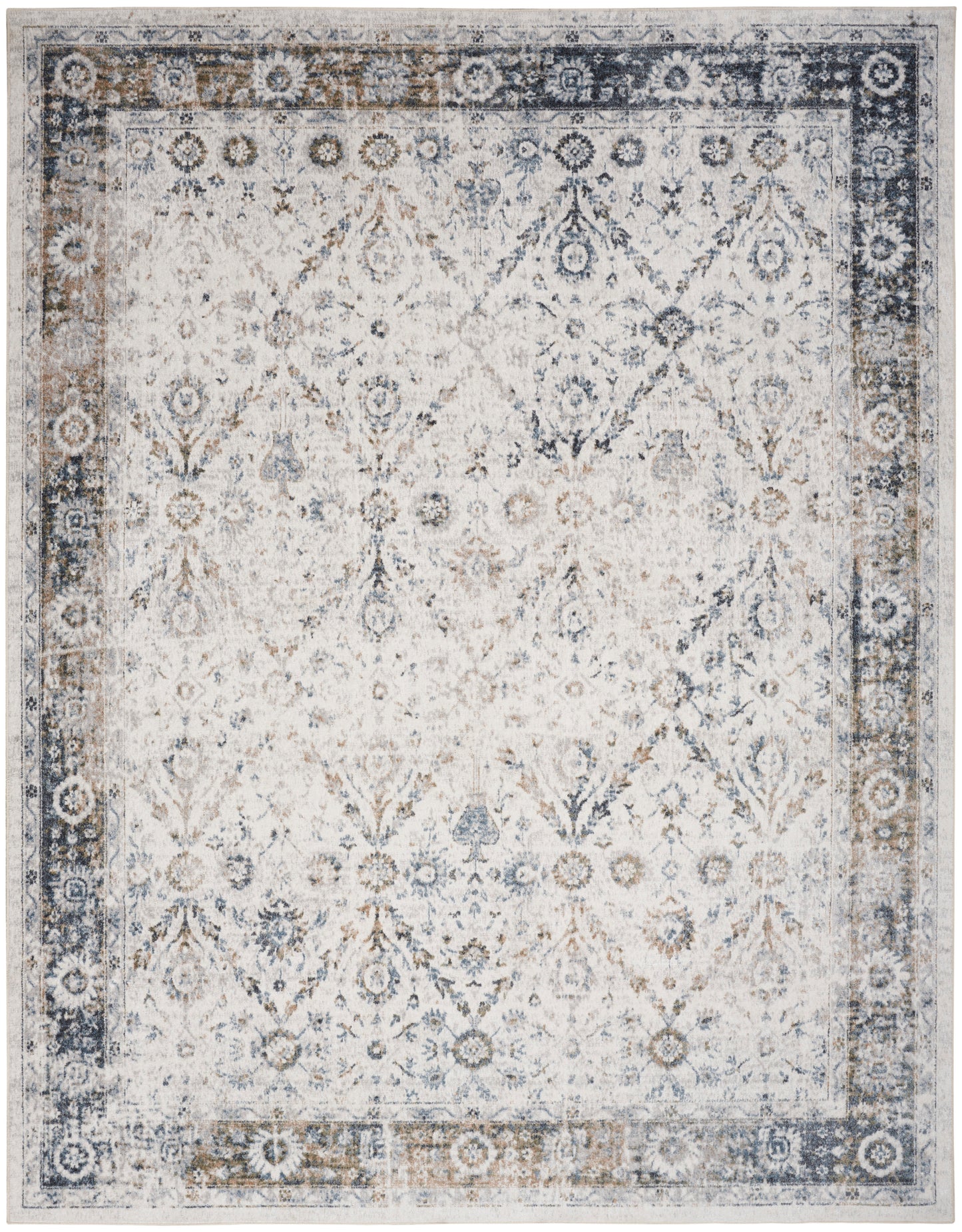 Rectangular distressed oriental area rug in ivory cream with blue-gray border and intricate diamond floral pattern.