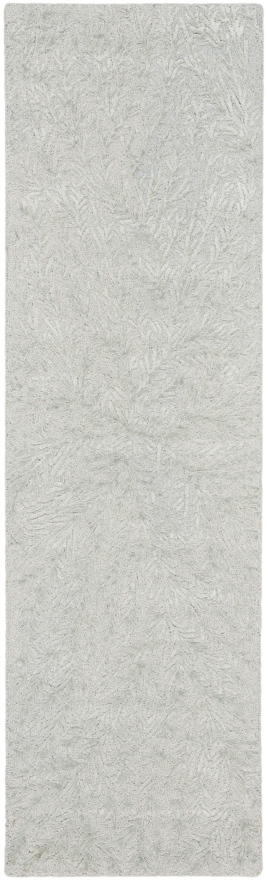 Light gray plush shag runner rug with subtle leafy pattern and soft texture.