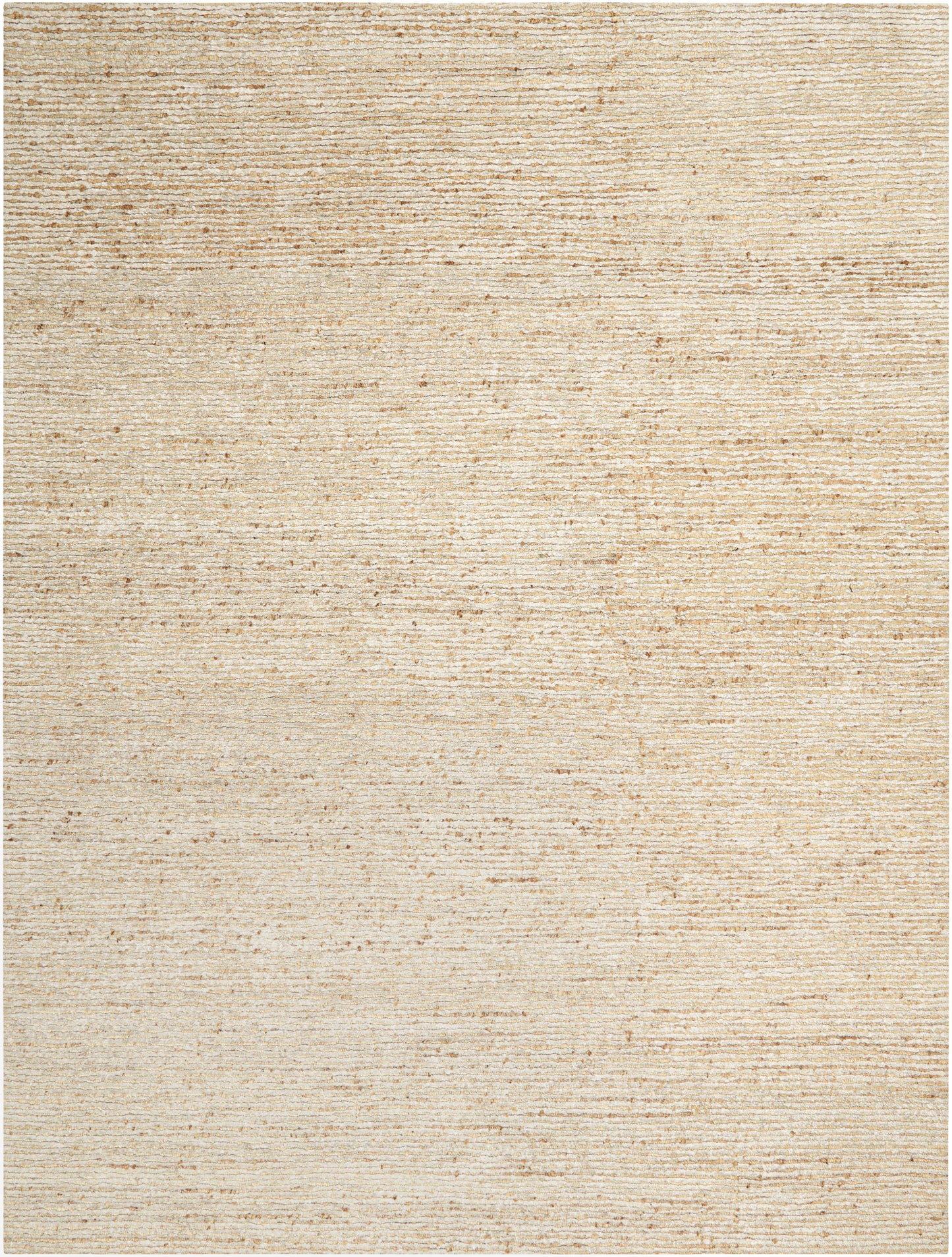 Beige textured rug with subtle horizontal line pattern and woven, slightly distressed look.