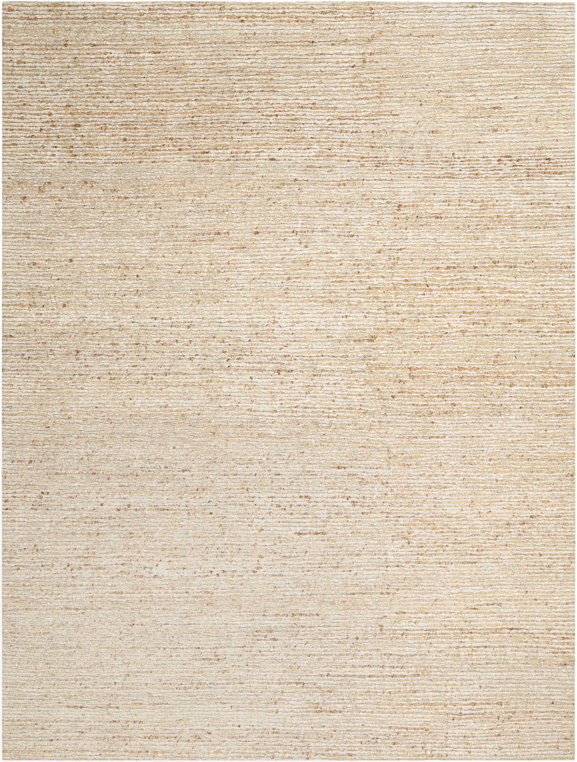 Beige textured rug with subtle horizontal line pattern and woven, slightly distressed look.