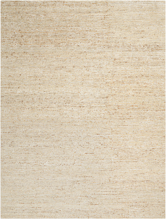 Beige textured rug with subtle horizontal line pattern and woven, slightly distressed look.