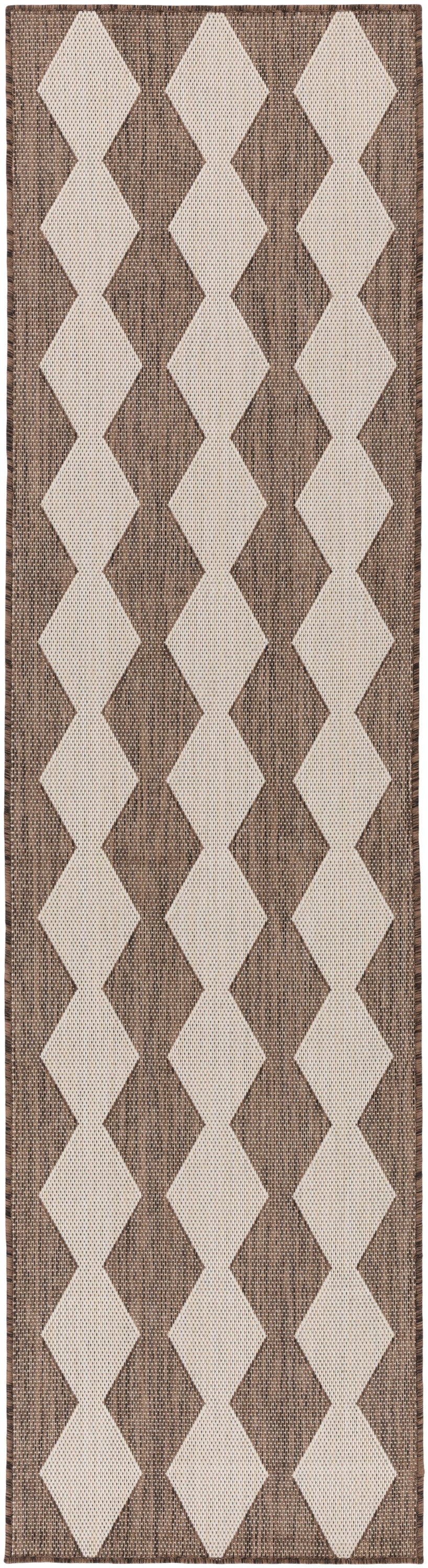 Brown and cream diamond-patterned rug runner with woven texture and dark border.