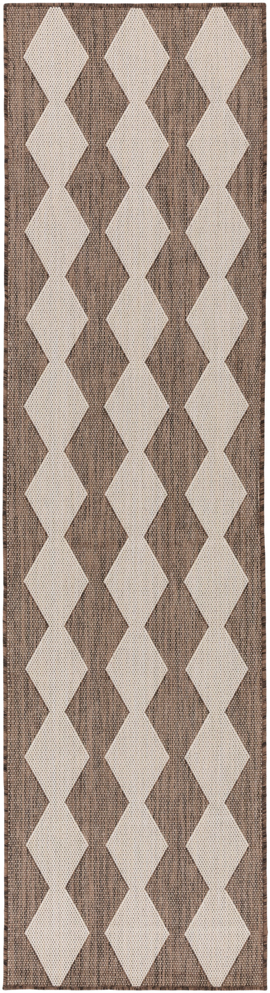Brown and cream diamond-patterned rug runner with woven texture and dark border.