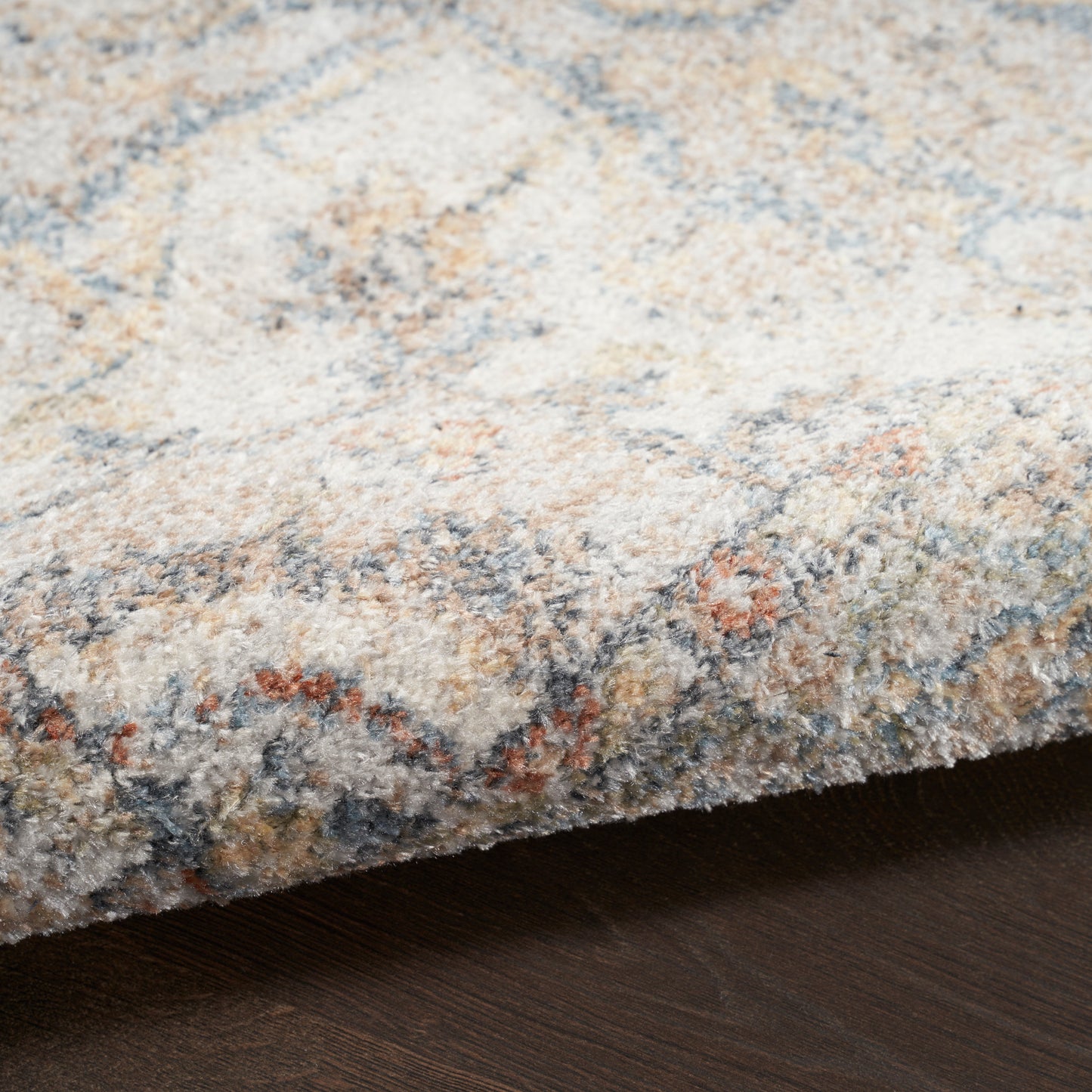 Close-up of a soft, multicolor area rug in beige, blue, and rust tones with its edge on dark wood flooring.