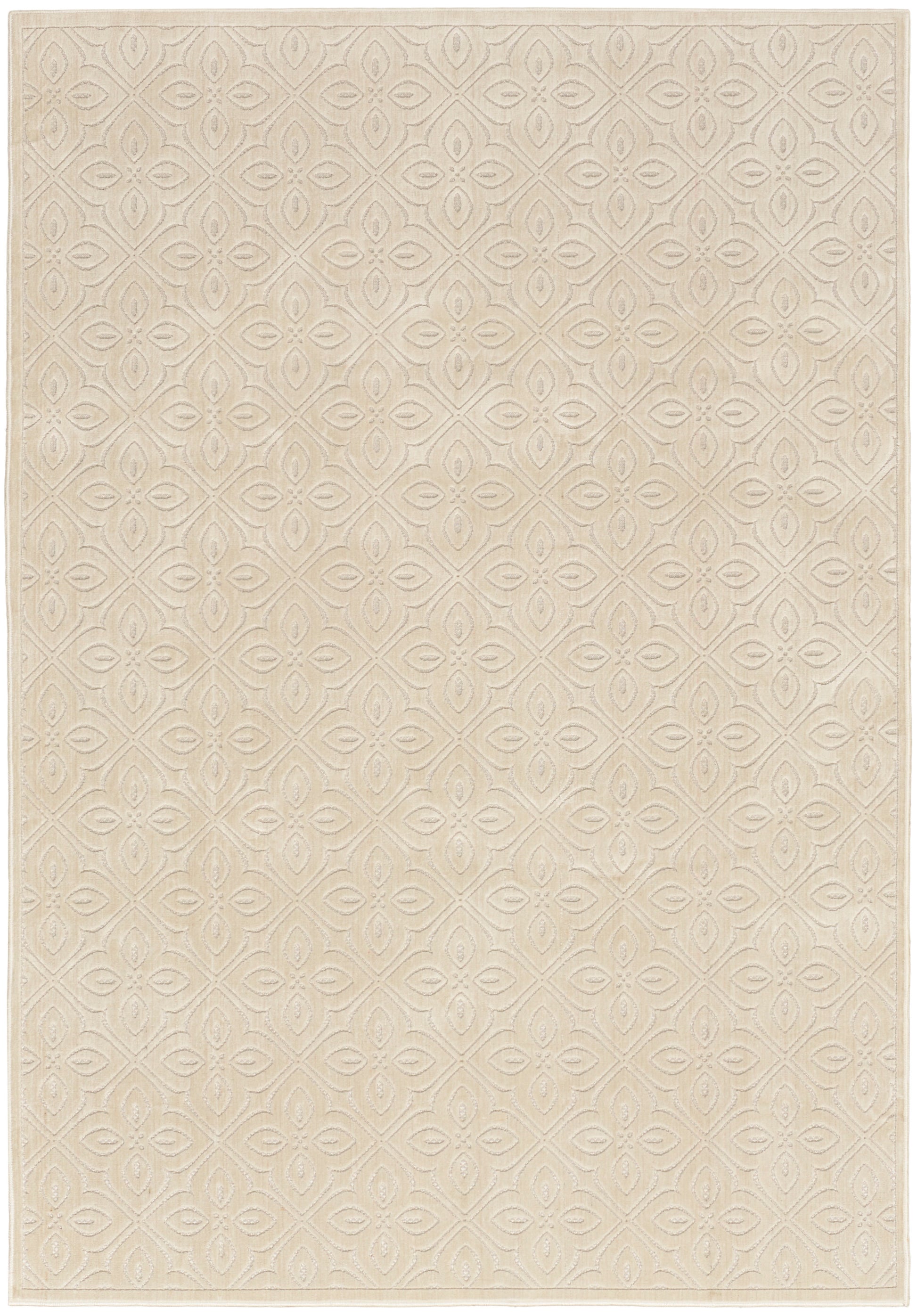 Beige rectangular rug with subtle embossed circular geometric pattern and woven texture.