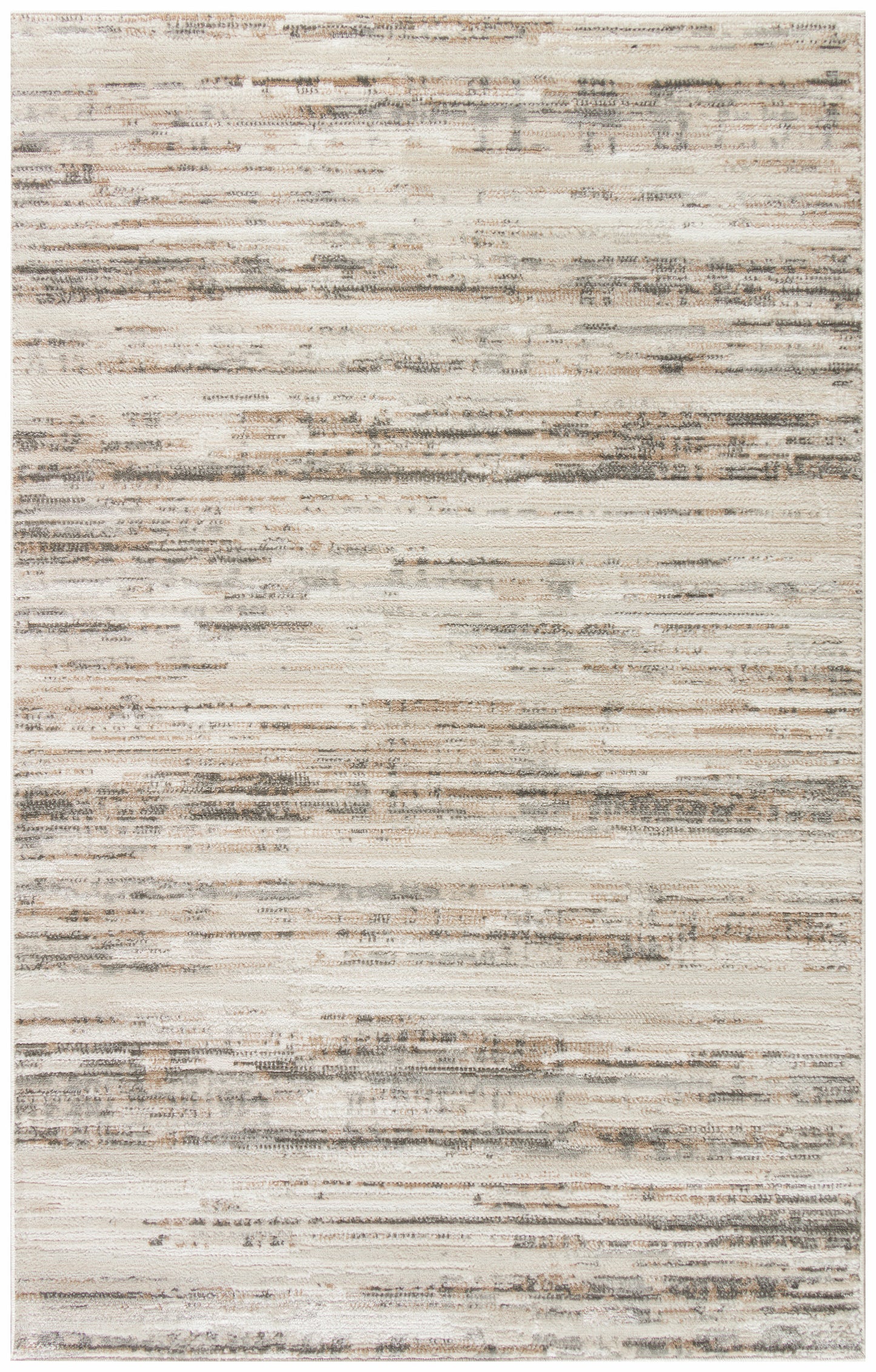 Neutral abstract area rug with cream, beige and gray horizontal distressed stripes; soft rectangular woven pile.