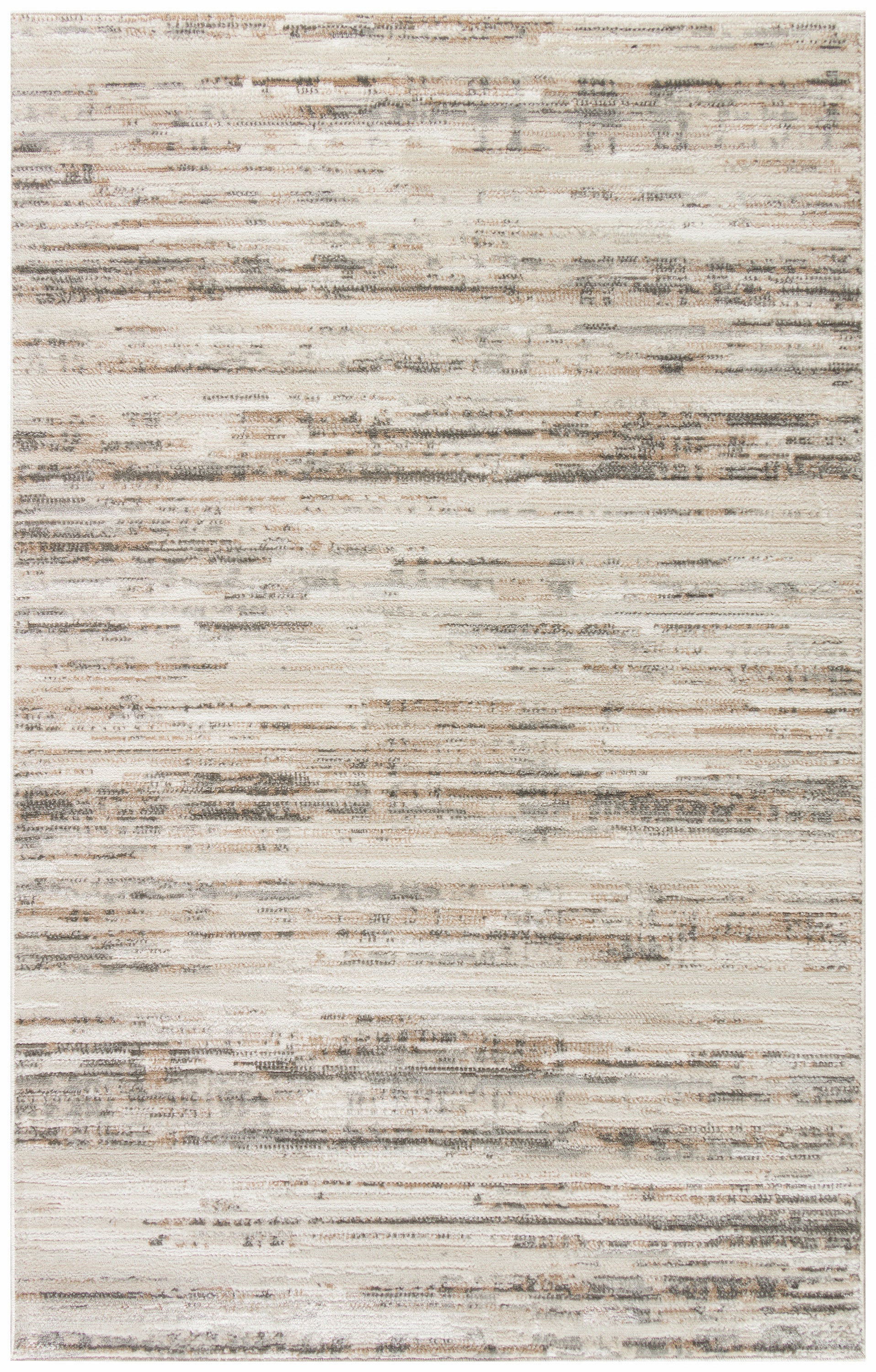 Neutral abstract area rug with cream, beige and gray horizontal distressed stripes; soft rectangular woven pile.