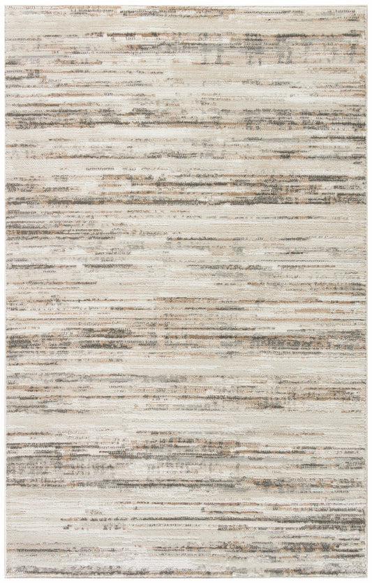 Neutral abstract area rug with cream, beige and gray horizontal distressed stripes; soft rectangular woven pile.