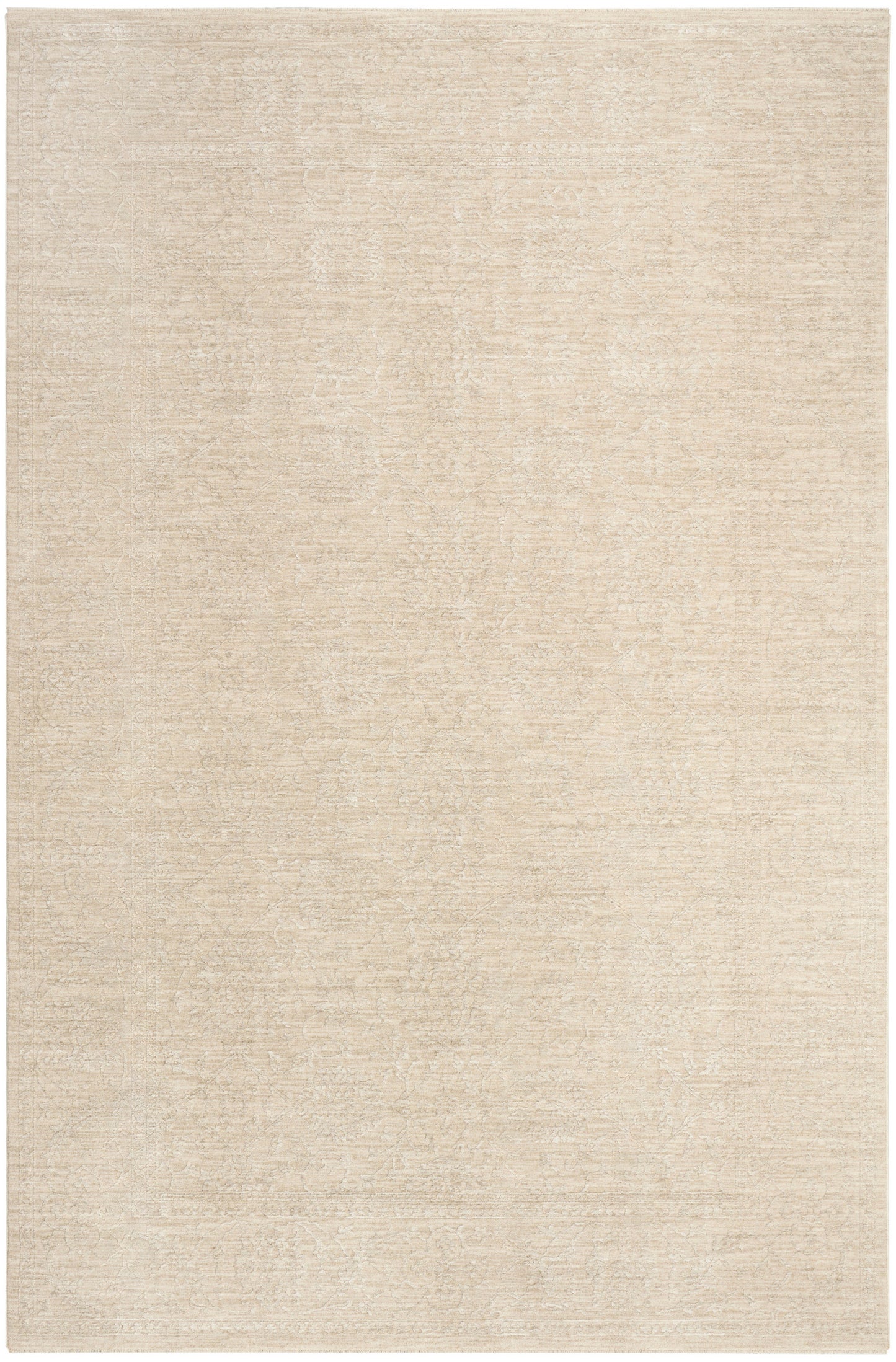 Beige antique-inspired patterned area rug with subtle cream motifs; rectangular, neutral tones.