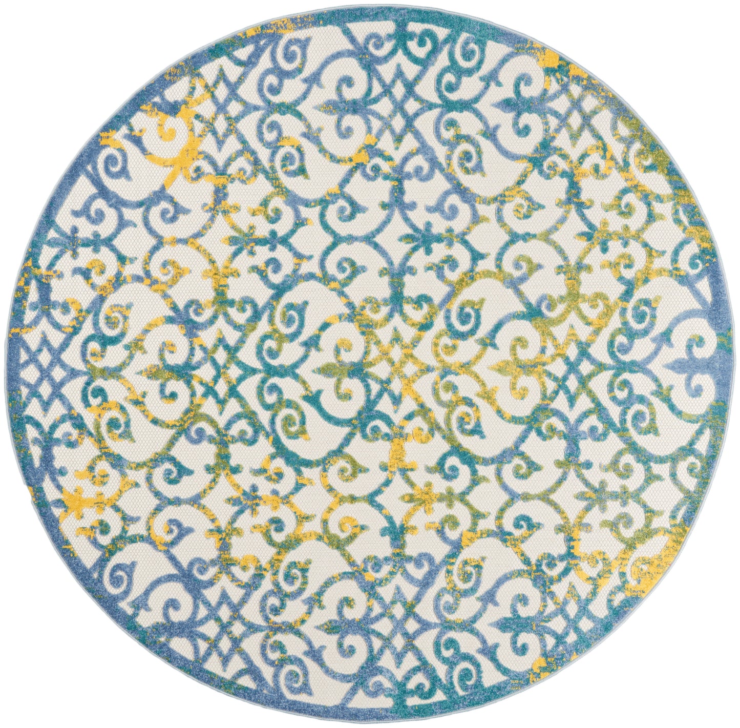 Round ceramic plate with blue and teal ornate scrolling lattice pattern and yellow accents.