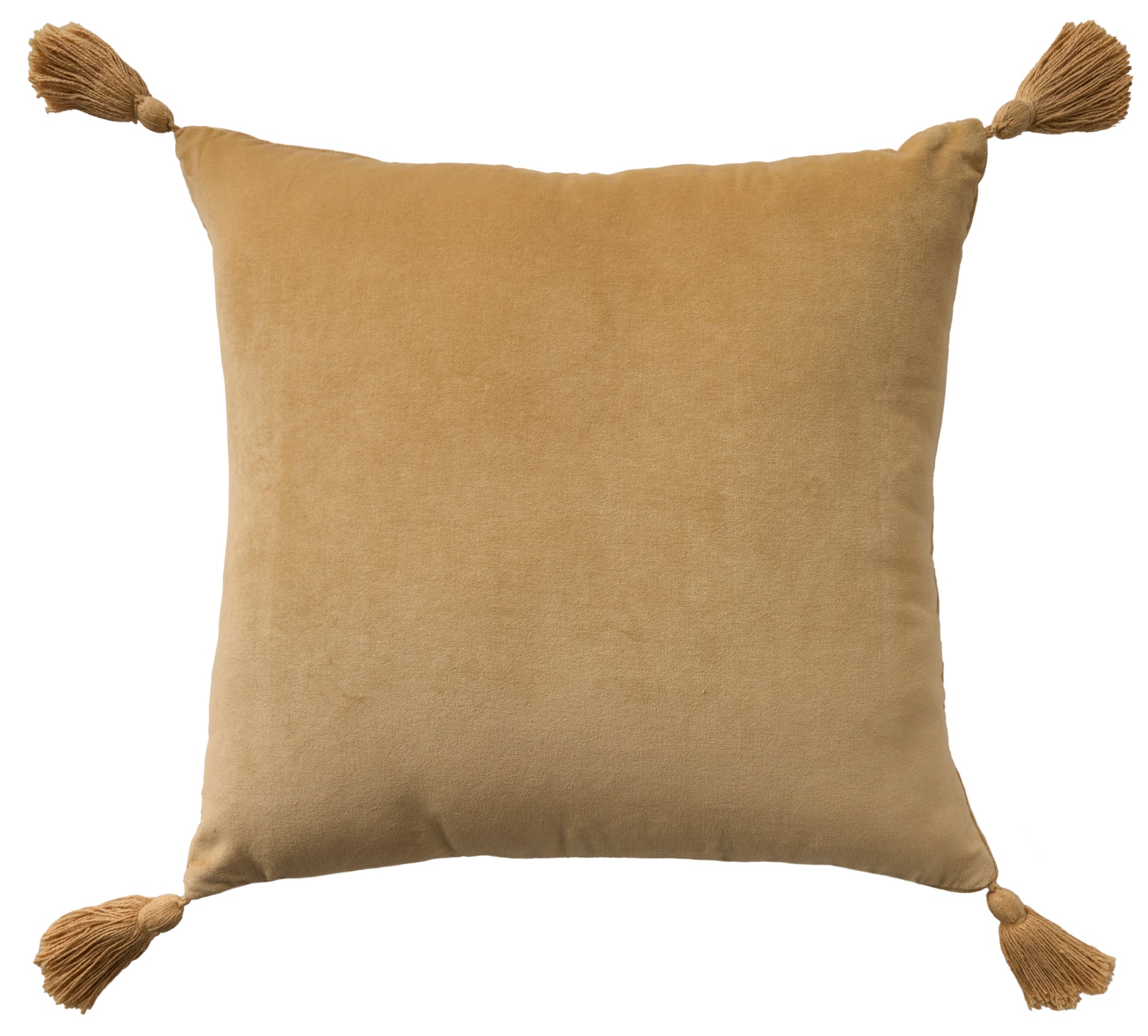 Blush velvet square throw pillow with tassels on each corner.