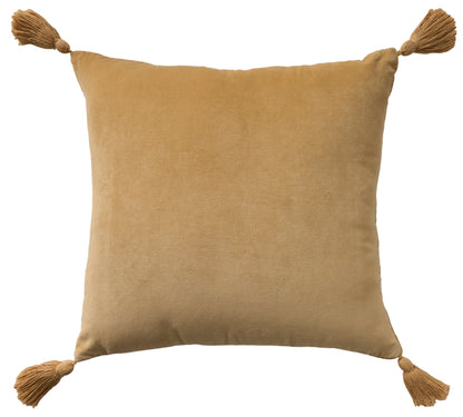 Blush velvet square throw pillow with tassels on each corner.